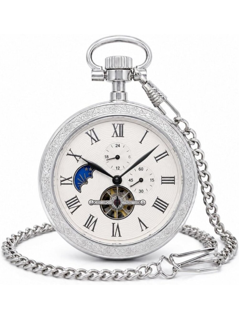 Vintage Silver Mechanical Pocket Watch for Men, Hand-Wind with Chain, Classic